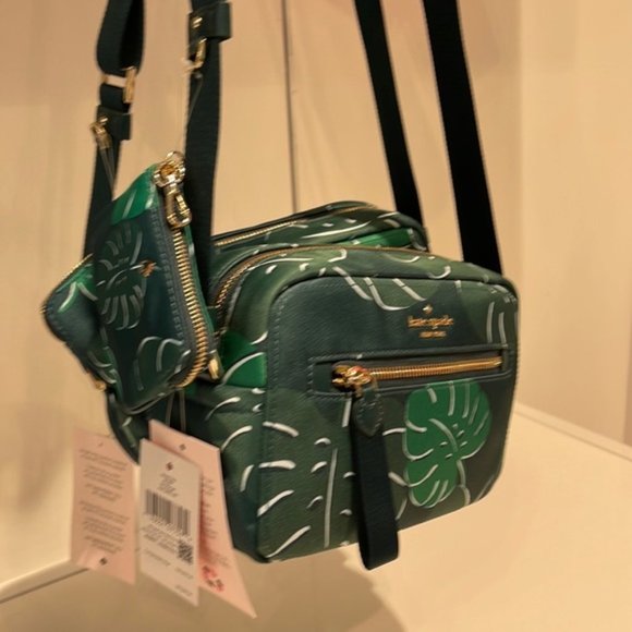 Kate Spade Chelsea Monstera Leaves Printed Nylon Camera Bag Green Multi - Picture 14 of 16